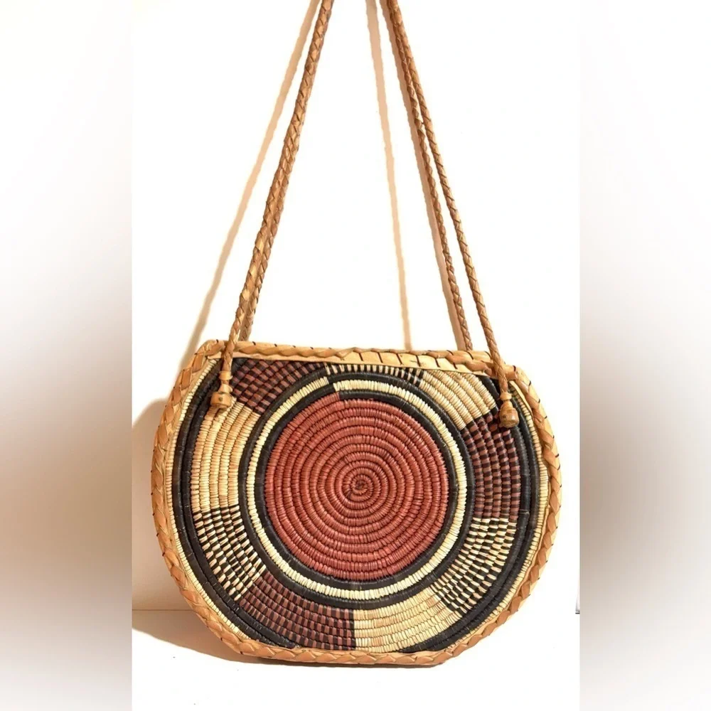 Handcrafted  handmade Africa  Tan Leather suede straw  woven Shoulder Bag